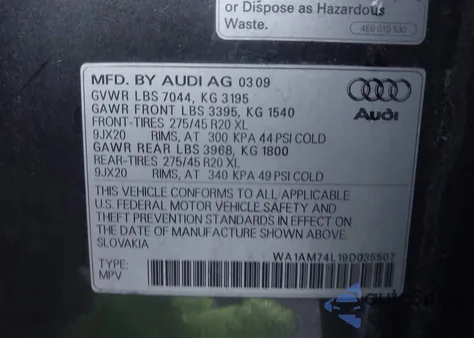 2009 Audi Q7 Prestige z USA, uszkodzony, nr VIN WA1AM74L19D035507